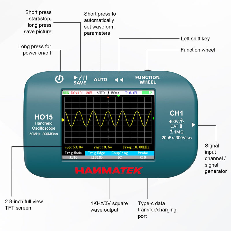 HANMATEK HO15 Handheld Digital Oscilloscope - 50MHz Bandwidth, 200MSa/s High-Precision Sampling, 2.8" TFT Display, USB Rechargeable, Signal Generator,Portable for Fieldwork Professional 50 Mhz