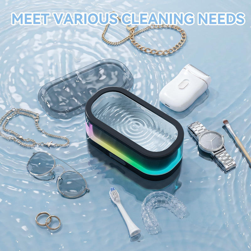 Ultrasonic Jewelry Cleaner with RGB Ambient Light, 48KHz Ultrasonic Cleaner for Jewelry, Glasses, Retainers, Dentures, Rings & Watches, 350ML SUS304 Stainless Steel Cleaning Machine, Black