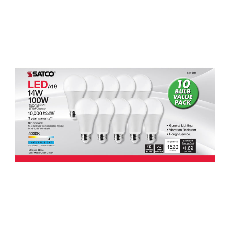 Satco S11419 14-Watt A19 LED Light Bulbs, 100-Watt Replacement, 5000K Natural Light, 1600 Lumens, 10 Pack 10 Count (Pack of 1)