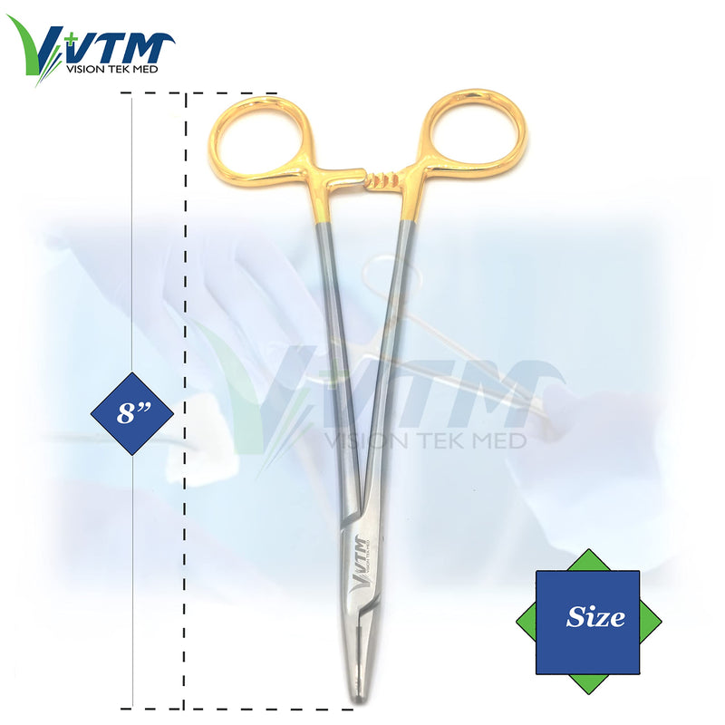 8 Inch TC Mayo Hegar Needle Holder Driver with Tungsten Carbide Inserts and Gold Rings Premium Grade Instrument