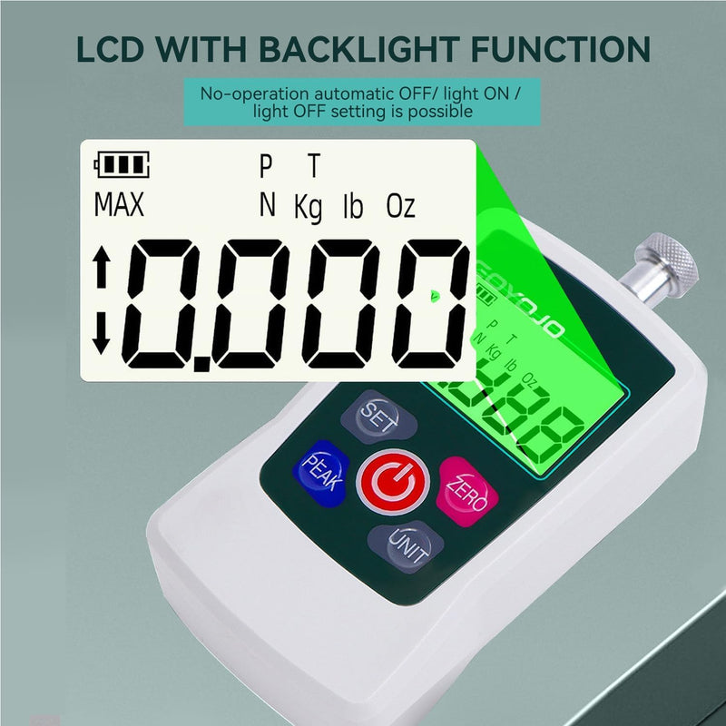 GOYOJO Digital Force Gauge High-Precision Push-Pull Meter for Tension & Compression Testing Units (N, kg, lb, oz) Real-Time/Peak/First Peak Modes Ideal for Quality Control & Material Testing (300N) 67lb/300N