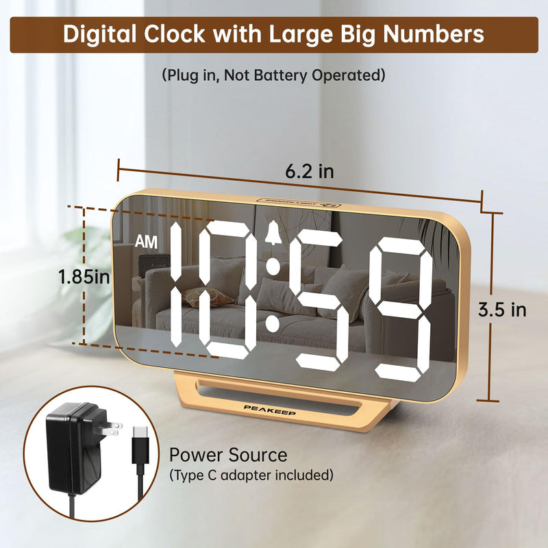 Peakeep Slim Digital Mirror Aesthetic Alarm Clock for Bedrooms Desk Decor - Plug in Electric Big LED Modern Small Clock for Office Living Room, Battery Backup, 6 Dimmers (Gold) Gold With Mirror