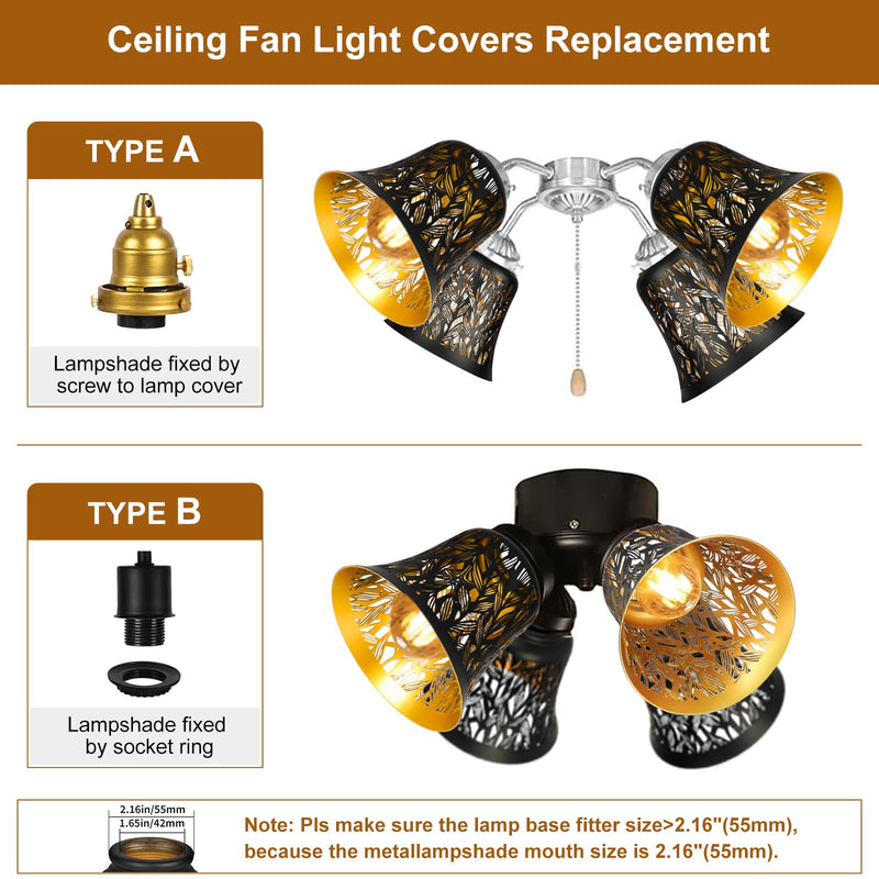 Pendant Light Shades, 4 Pack Ceiling Fan Light Shade Replacements with 1-5/8" Fitter, ALUCSET 4.72" Height and 4-3/4" Diameter, Metal Bell Shaped Cover for Chandelier Pendant Light Wall Sconces Starfish 4 Packs