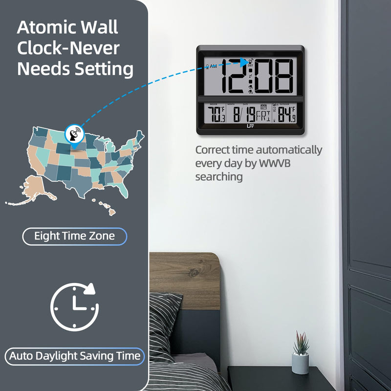 LFF Atomic Clock Large Display, Digital Wall Clock with Indoor Outdoor Temperature and Date, Wireless Outdoor Sensor, Digital Desk Alarm Clock Battery Operated for Bedroom, Easy to Read, Black