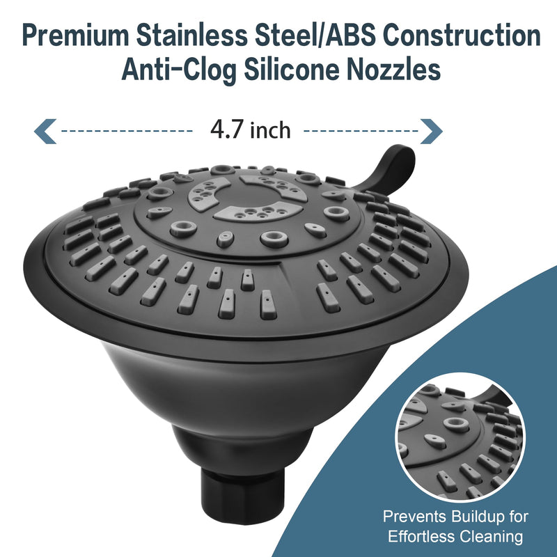 BRIGHT SHOWERS High Pressure Rain Shower Head, Fixed Shower Head with 5 Spray Settings, Adjustable Angle and Anti-Clog Nozzles, Matte Black (1.8 GPM) 5 Spray Settings