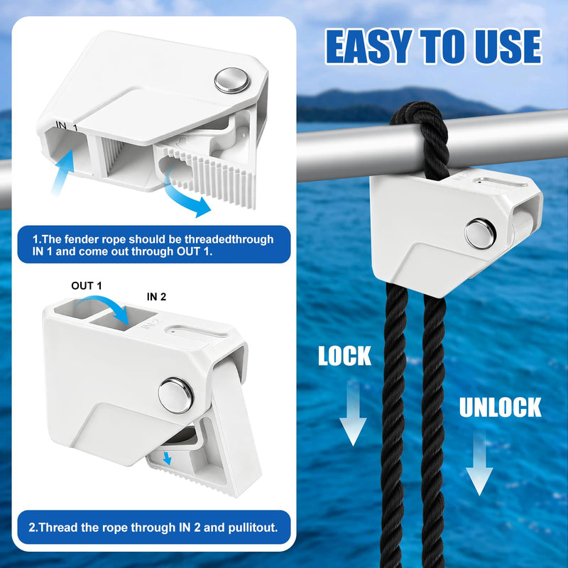 Boat Fender Clips - Adjustable Quick Release Rail Cleats for Easy Boat Docking - Bumper Holder Hanger for Pontoon, Bass, & Jon Boats 2Pcs White