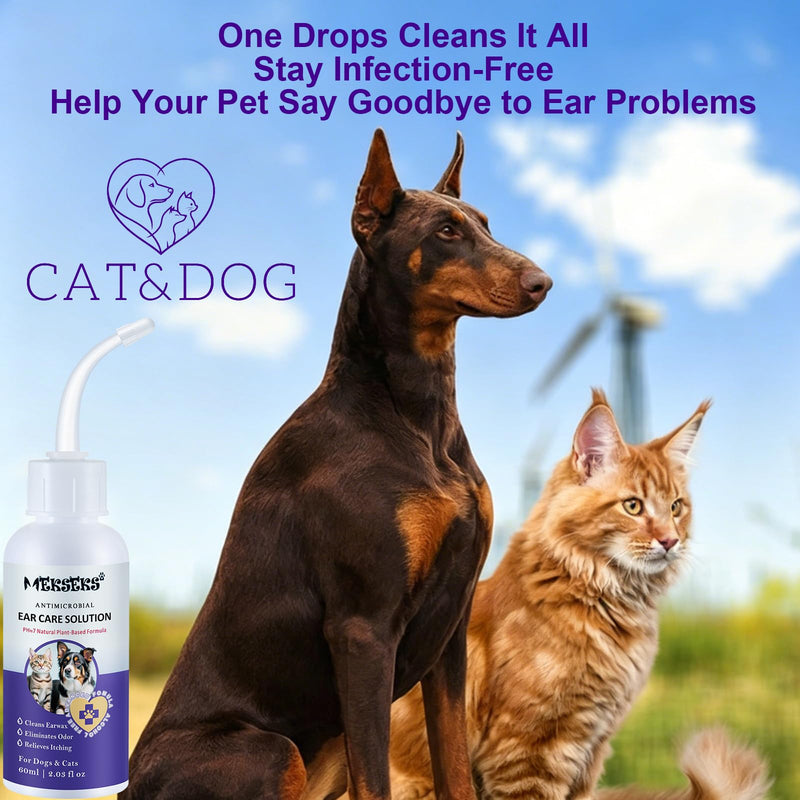 Dog Ear Cleansing Solution Ear Infection Treatment Drops for Dogs Cats Ear Cleaner Wash, Relieves Itchy Ears Redness, Removes Earwax Debris Odor, Gentle Natural 2.03 fl oz
