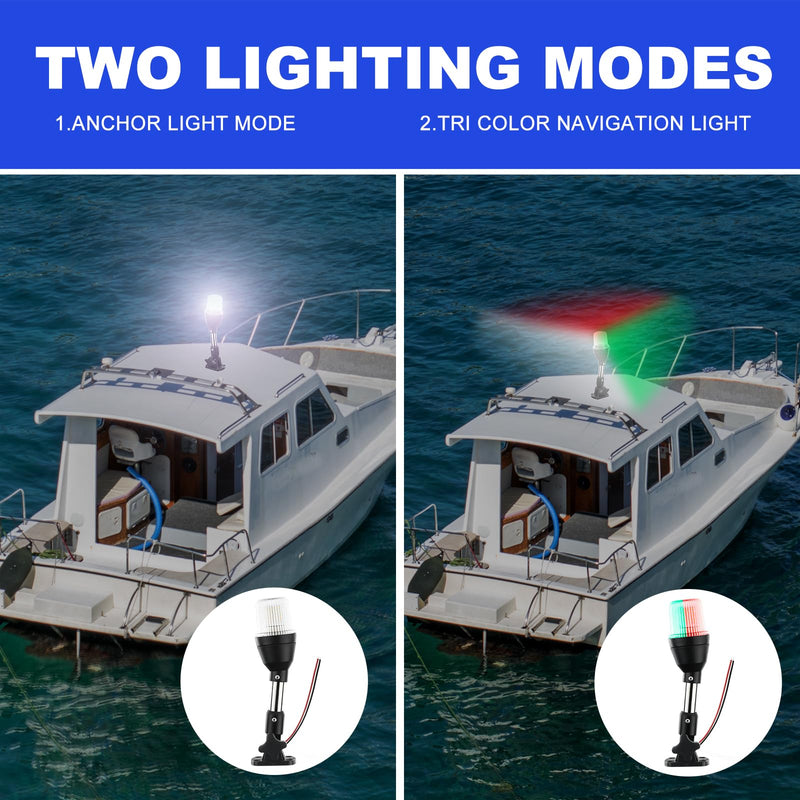 LED Tri-Color Navigation Light,Bimini Top Red-Green-White Combination Boat Bow Light & Anchor Light, Stainless Steel Foldable Pole Base, 10-24V DC,10 Inches