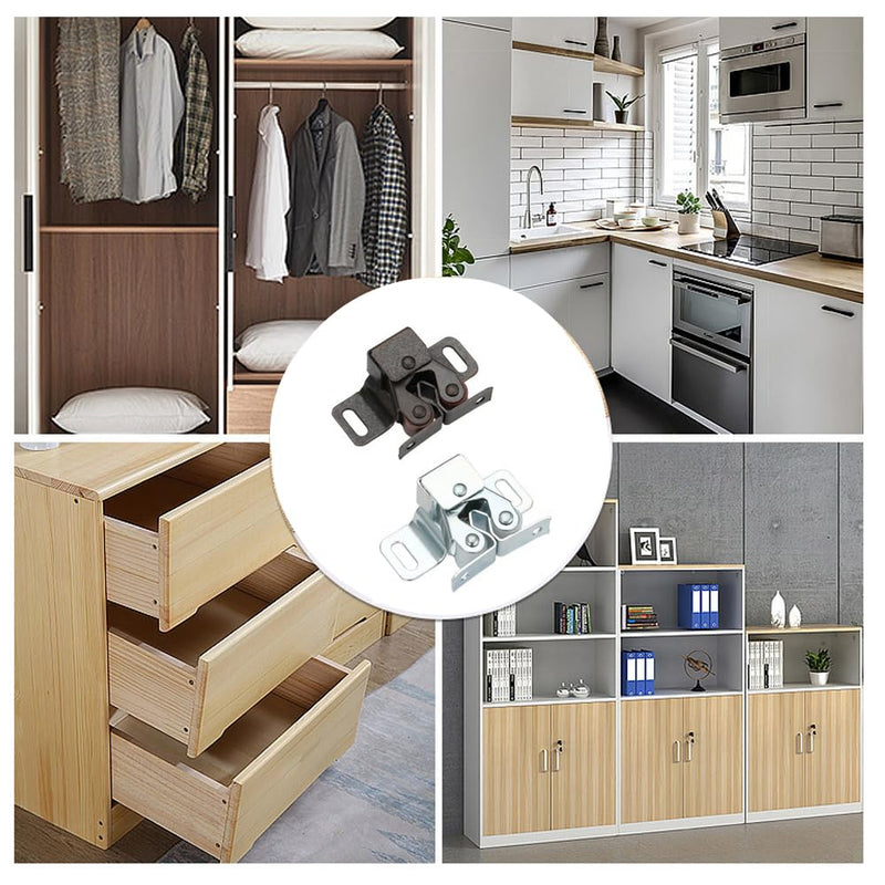6 Pack Cabinet Latch - Double Roller Catch Hardware for Cupboard Closet Kitchen Cabinet Door Latches and RV Cabinet, Silver