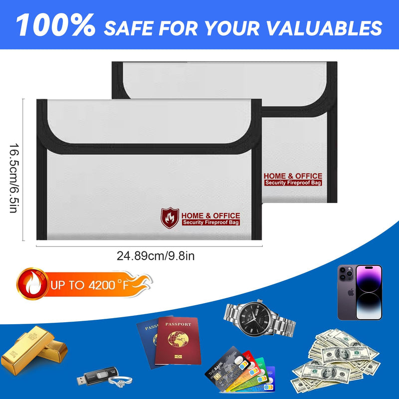2-Pack Fireproof Document Bag and Fire Proof Money Bag for Cash 8.07x4.84’’,High Temperature Resistance up to 2000°F,Non-Itchy Silicone Coating,Fire and Water Protection for Cash,Passports,Documents