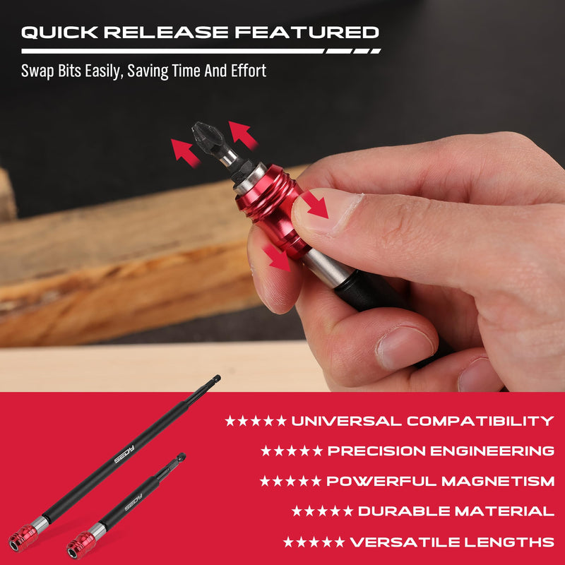 Magnetic Screwdriver Bit Holder Set: 2-Piece 1/4 Inch Hex Shank Quick Release Extension Adapter | Super Straight Durable CR-V Steel | Universal Fit for Impact Driver Bits | 6", 12" Long 2 Pieces