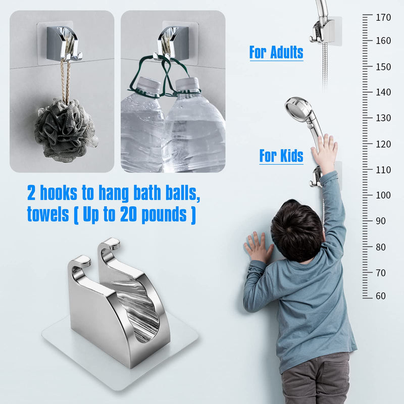JONKEAN Chrome Handheld Shower Head Holder with 2 Hanger Hooks, Strong Adhesive Shower Head Holder, Adjustable Shower Wand Holder Wall Mount, Bathroom Waterproof Shower Handle Holder No Drill Need 1 Pack