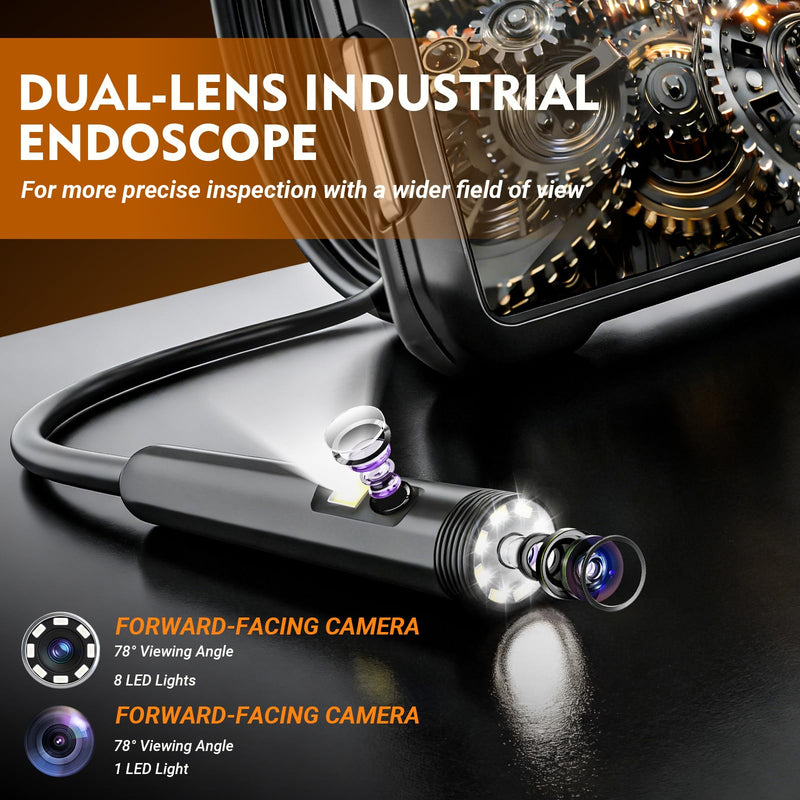 Dual Lens Endoscope Camera with Light, 1080P HD Borescope with 5" IPS Screen, 16.5FT Semi-Rigid Waterproof Inspection Camera, Snake Camera with Light & 32GB Card for Mechanic Tools & Plumbing