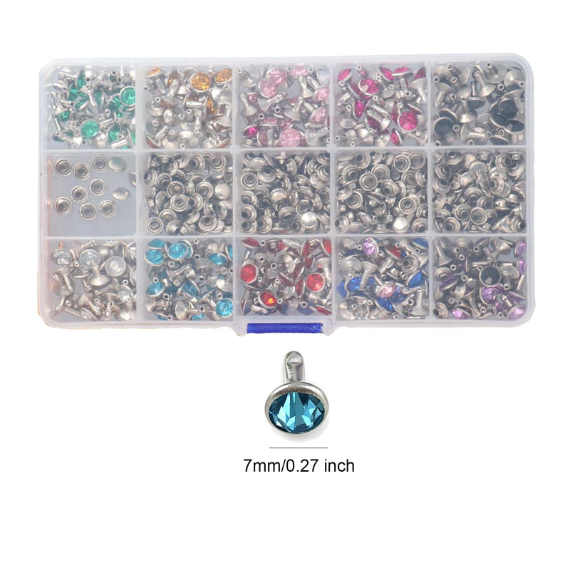 Uniquer 300 Sets 8MM Cz Crystal Rivets 10 Colors Rhinestone Rivets Studs Rapid Rivets Accessories for DIY Leathercraft Making