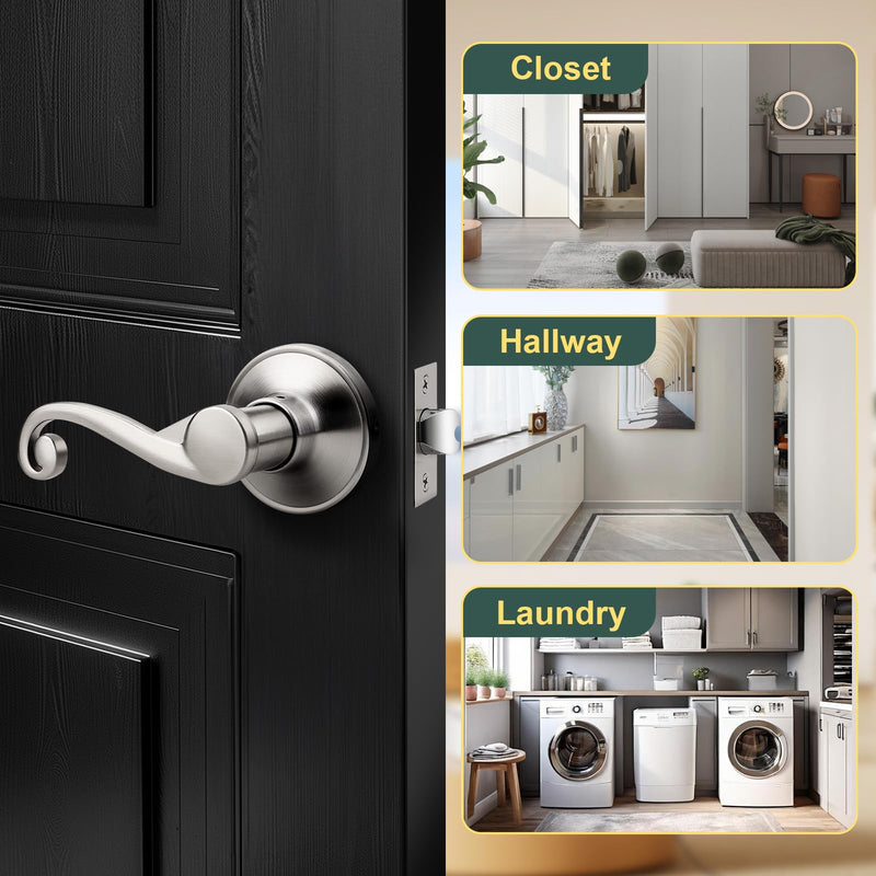 Elegant Brushed Nickel Interior Door Handles for Closet and Hallway, 2 Pack Passage Door Handle Lever with Modern Style and Durable Finish Satin Nickel