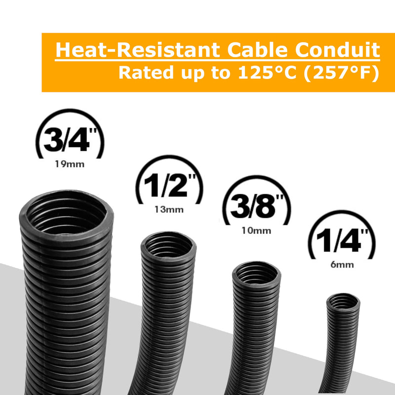 MGI SpeedWare Corrugated Non-Split Conduit, Black Wire Tubing for High-Temperature Automotive Harness and Indoor Outdoor Wire Management - 10ft Length (Inner Diameter 3/4") 3/4" (10ft length)