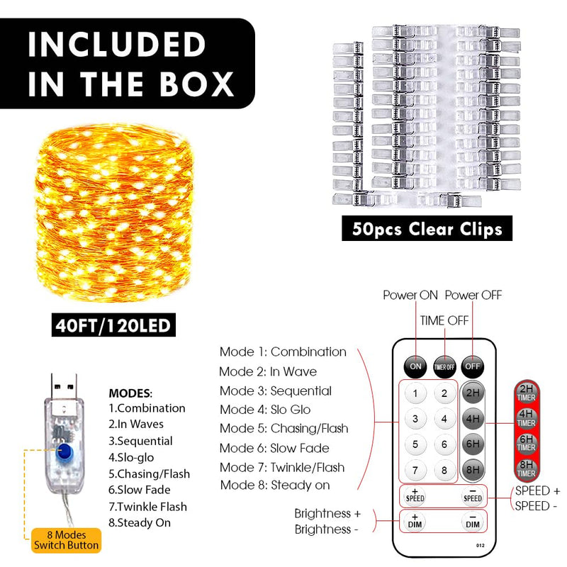Photo Clip String Lights with Remote, 40FT 120 LED USB Powered Fairy Lights Picture Clips, 8 Modes with 50 Clear Clips for Dorm, Bedroom, Christmas, Party, Wedding Decor (Warm White) Warm White 8 Modes USB Powered-120LED