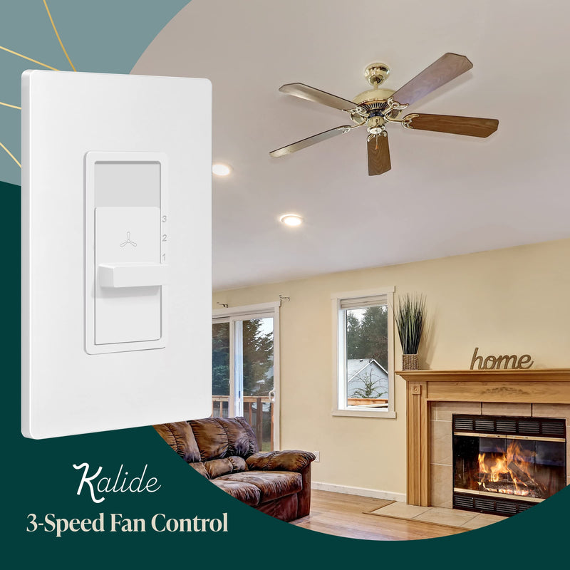 TOPGREENER Kalide Fan Speed Control Switch, 3-Speed Fan Wall Switch, Single Pole, 120VAC, 60Hz, 2.5A, Neutral Wire Not Required, TGFS3-W, White Fan Switch 1