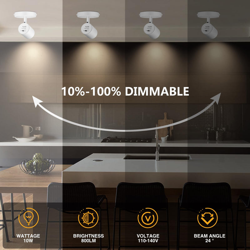 VANoopee 5-Color Dimmable Ceiling Spotlight Flush Mount Adjustable Directional LED Spot Lights Indoor Bright Accent Fixture for Art Picture Living Room Bedroom - CRI90 24° Flicker Free 10W 800lm White 1 Pack