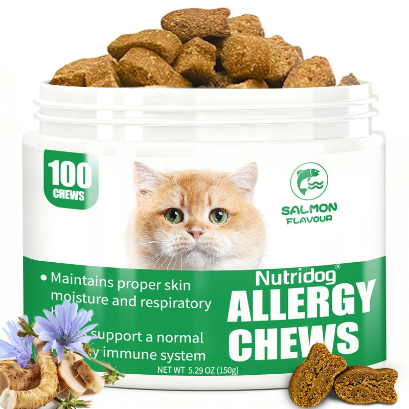 Cat Allergy Relief Chews for Seasonal Allergies - Itchy Skin, Sneezing & Paw Licking Remedy with Colostrum, Probiotics 300M CFU & Omega 3, Salmon Flavor Soft Chews, 100 Count Salomn