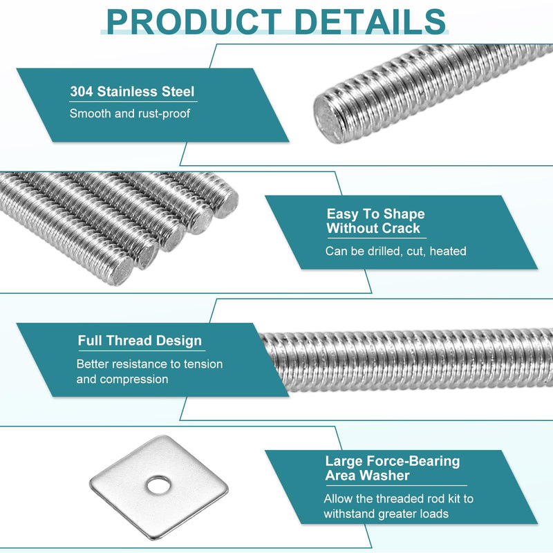 uxcell 2Pcs Fully Threaded Rod, M3 x 500mm 304 Stainless Steel Fully Threaded Studs with Nuts and Washers for Clamps, Hangers and U-Bolts, Silver 2