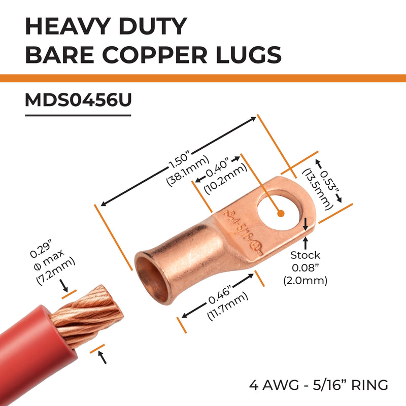 SELTERM 25pcs 4 AWG 5/16" Stud Battery Lugs, Ring Terminals, Heavy Duty Copper Wire Lugs, Battery Cable Ends, 4 Guage Ring Terminal Connectors, UL Bare Copper Eyelets Electrical Battery Cable Lugs 4 Awg - 5/16" (M8) Ring Bare Copper Lugs 25