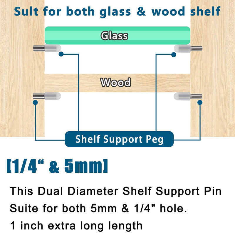 5mm 1/4 Inch Stainless Steel Shelf Support Pegs for Kitchen Cabinets, Adjustable Metal Pins and Clips for Bookshelves, Bookcases, Cupboards, and Glass or Wood Shelves Replacement Holders