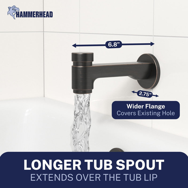 HammerHead Solid Brass Tub Spout with Spring-Loaded Diverter, 6.8" Length, 1/2" FNPT or 3/4" MNPT Thread-On Bath Tub Spout, Heavy-Duty Bathtub Faucet, Oil Rubbed Bronze