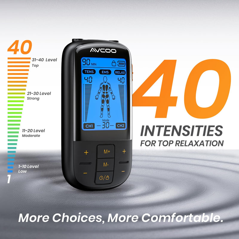 3-in-1 TENS Unit Muscle Stimulator with 30 Modes, 40 Intensities TENS Machine for Gradual Back Pain Relief Therapy, Rechargeable EMS Unit Massager with 12 TENS Electrode Pads, a Storage Bag Black