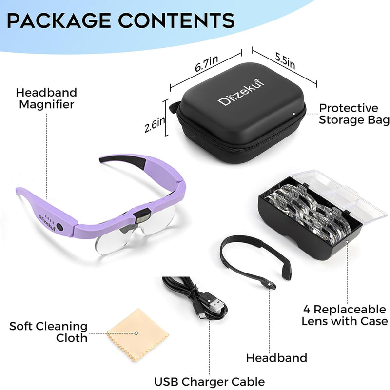 Magnifying Glass with Light, Rechargeable Magnifying Glasses 1.5X-5X Lenses, Magnify Glasses for Close Work with Carry Case, Magnifier Headset Headband Magnifier for Craft Hobby Cross Stitch Purple