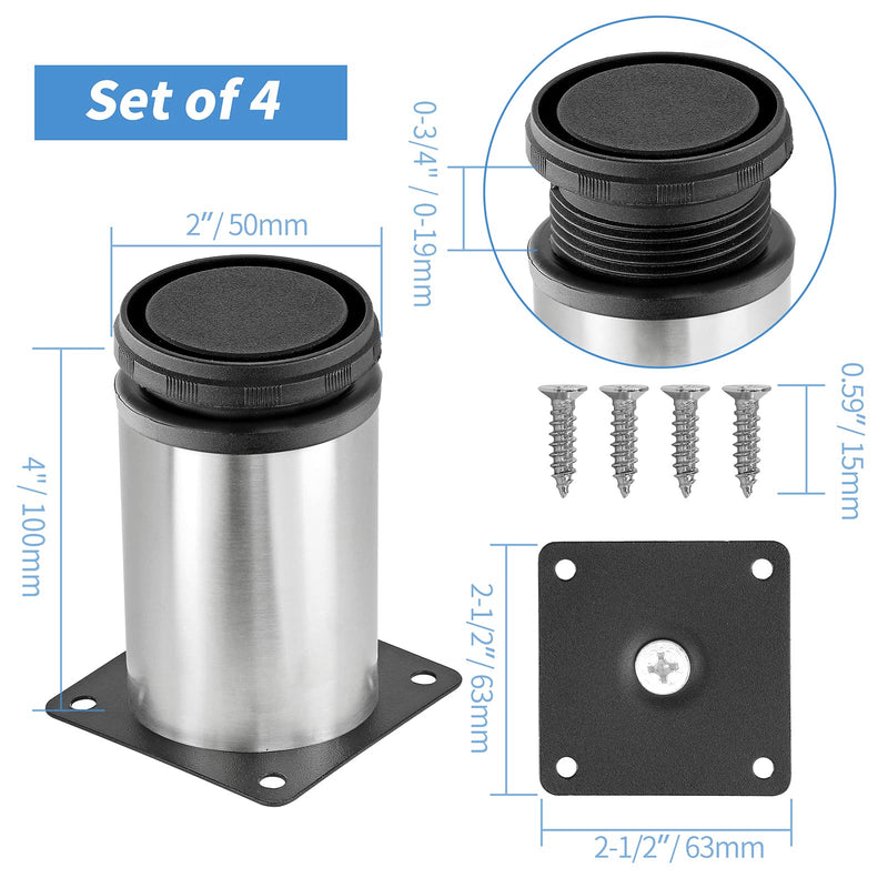 4 Inch Metal Furniture Legs Stainless Steel Adjustable Legs Silver Table Legs Round Cabinet Legs for Coffee Table Cabinet Desk Sofa Shelves, Pack of 4 4"