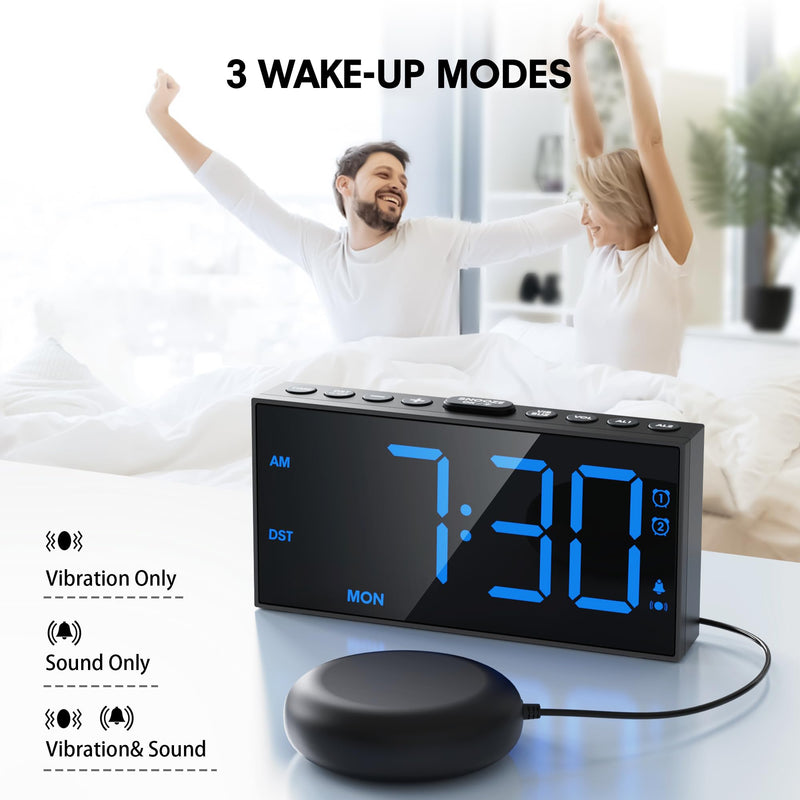 Mesqool Loud Alarm Clock for Heavy Sleeper, with Vibration for Hearing Impaired Deaf, Annoying Clock for Bedroom,USB Port,Dual Alarm with Snooze Blue Digits in Boldface
