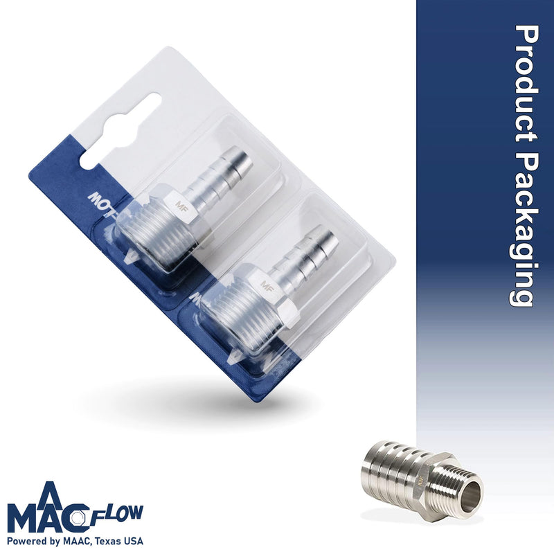 MAACFLOW Stainless Steel 1/2" Male NPT to 3/8" Hose ID Barb Barbed Hose Fitting Adaptor Connector (Pack of 2) 3/8" Barb x 1/2" Male NPT Pack of 2