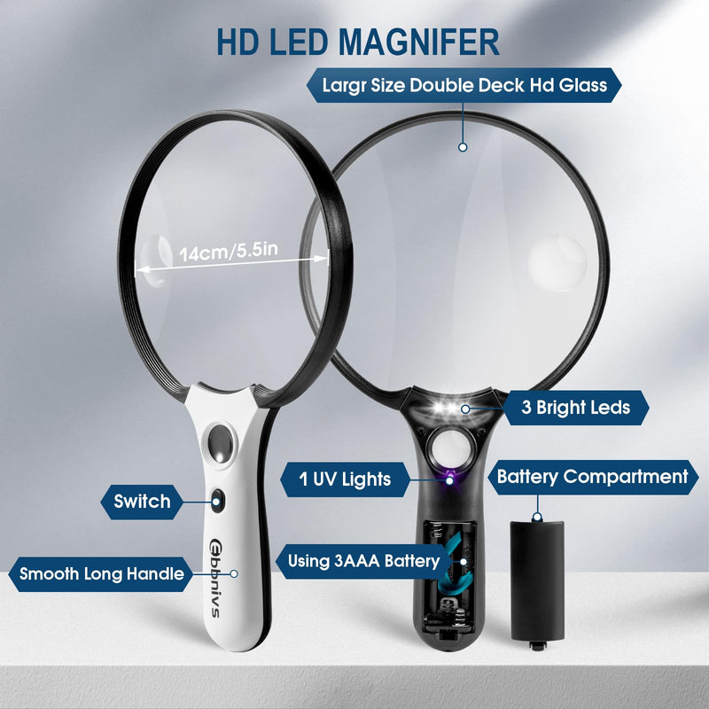 Large Magnifying Glass with Light, Magnifier Handheld Illuminated Lighted Magnifier with 3 LED Lights 1 UV Light Storage Bag Clean Cloth for Seniors Reading Inspection Black