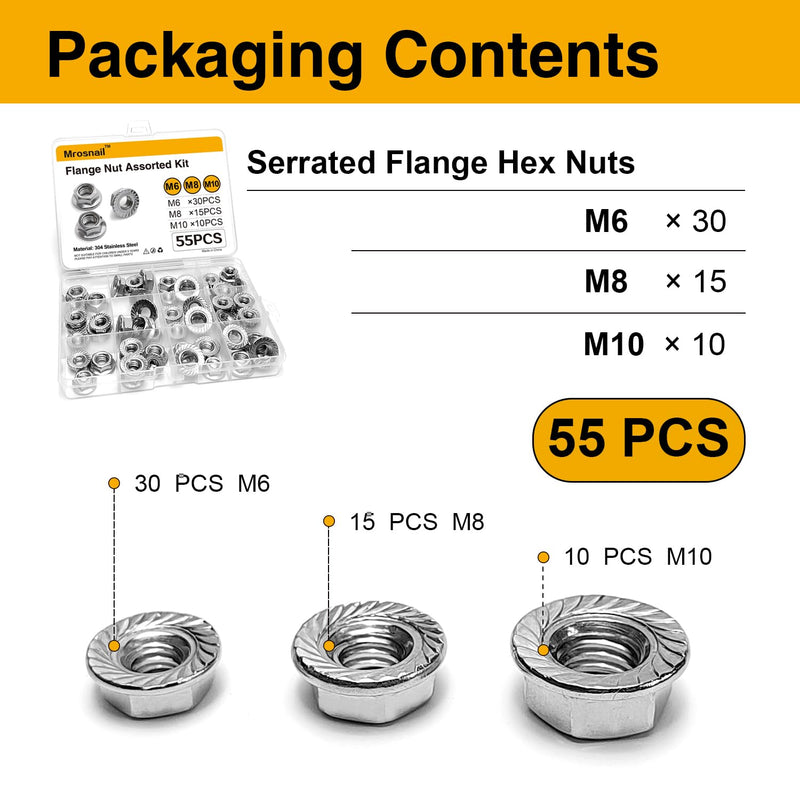 55Pcs Flange Nut Assortment Kit - Metric M6, M8, M10 Stainless Hex Flange Nuts Steel for DIY Projects, Automotive Repairs, and Home Improvement MIX-55PCS - NewNest Australia