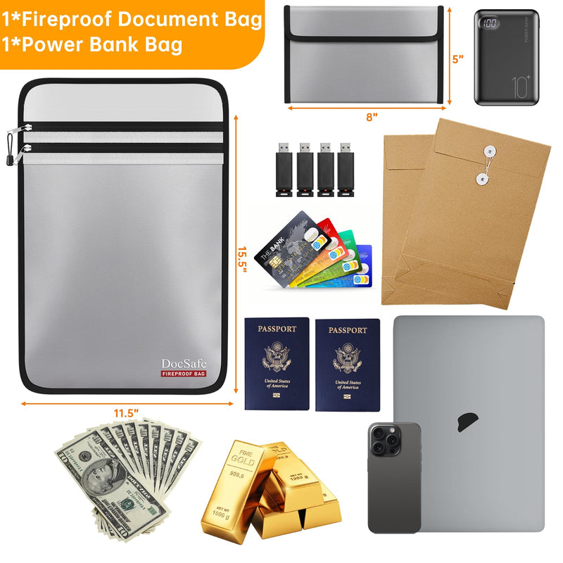 DocSafe Fireproof Document Bag (5200℉) with Fireproof Organizer Travel Case,Heat Insulated Fire＆Water Resistant 8 Layers Safe Money Bag Storage for Important Documents,Cash,Power Bank,Valuables,Gray Gray