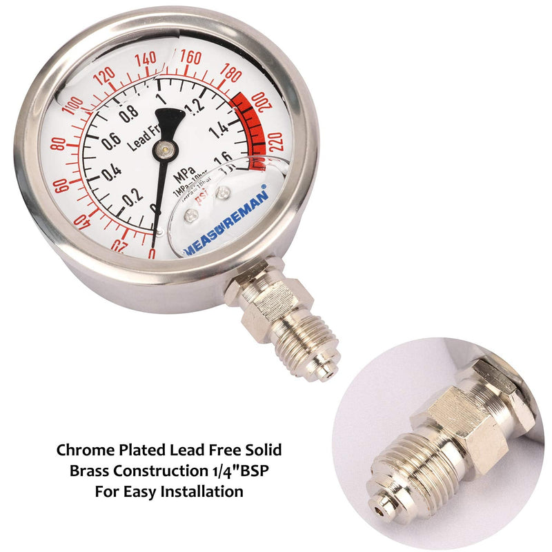 MEASUREMAN Lead-Free Glycerin Filled Reverse Osmosis Pressure Gauge, Purified Water Pressure Gauge, 2-1/2" Dial Size 1/4" Lower Mount, 0-220Psi/Mpa, with PU Tube Connection 0-220 psi with PU Tube Connection
