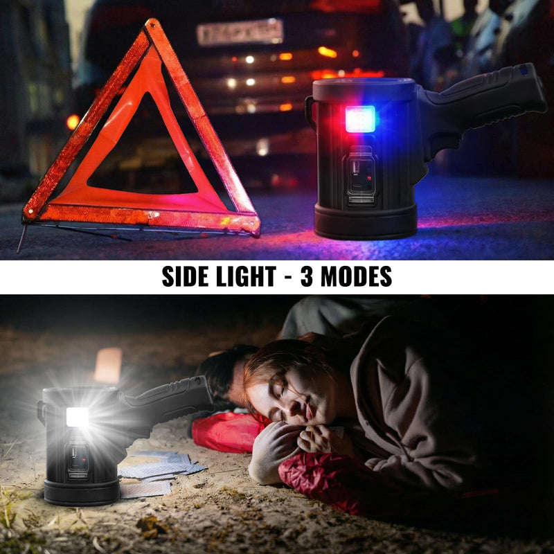 Rechargeable Spotlight,99,000 LM Super Bright Handheld Spot Light LED Flashlight High Lumens,Powered Spotlight Large Searchlight Outdoor with Solar Panels & COB Light for Boat Camping Hunting