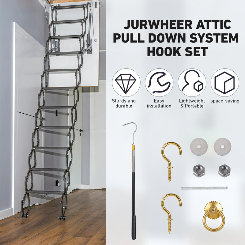 Attic Ladder Pull System Kit - Attic Pull Down System Hook Set Replacement for Cord Ropes with 60 Inch Extension Pole and Copper Storage Hook Handle Parts Tool