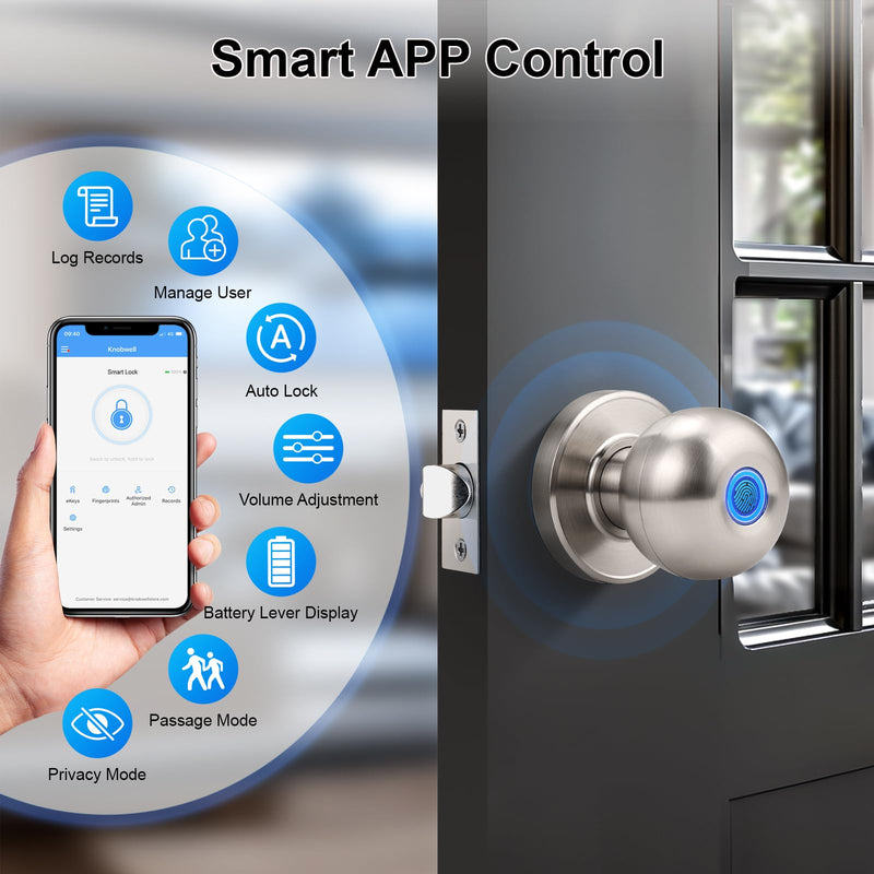 KNOBWELL Fingerprint Door Knob, Smart Door Knob with APP Control, Satin Nickel Keyless Entry Door Lock, Biometric Door Lock with Knob, Smart Lock for Bedroom Door Hotel Office Apartment