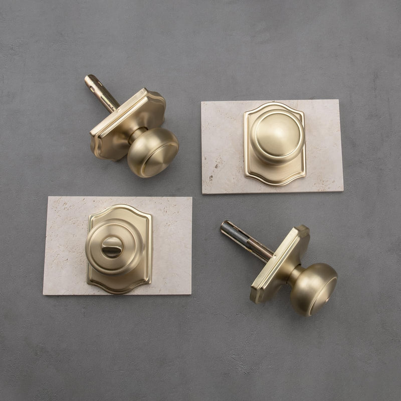 3 Pack Gold Door Knobs with Camelot Trim,Interior Door Knob with Lock,Coastal Door knob for Hall & Closet, Satin Brass 3 Passage