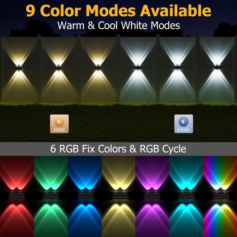 Solar Fence Lights Outdoor Waterproof, Warm & Cool White RGB Dusk to Dawn LED Wall Mount Sconce Light Up & Down Deck Lights Solar Powered for Outside Garden Patio Backyard Garage(6 Pack) 6 PK Black