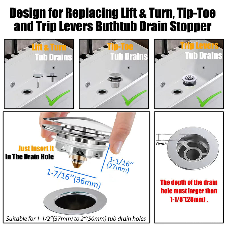 Universal Tub Stopper Bathtub Drain, Pop Up BathTub Drain Plug and Cover, Replaces Bath Tub Lift and Turn, Tip-Toe and Trip Lever, Easy to Install and Clean, All Brass Plating Process Silver Modern Style Tub Stopper