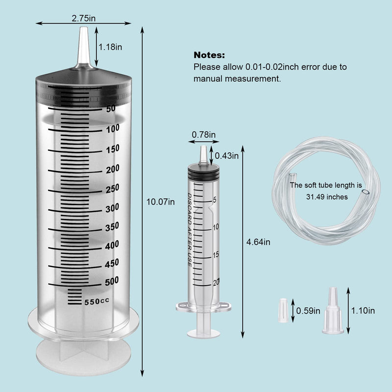 500ML Extra Large Syringe and 2 Pack 20ML Plastic Syringes with Tip Adapter&Soft Tube, Sterile Individually Wrapped Measurement and Dispensing Syringe Tools for Science Labs,Feeding Pets(500ml, 1) 500ml 1.0