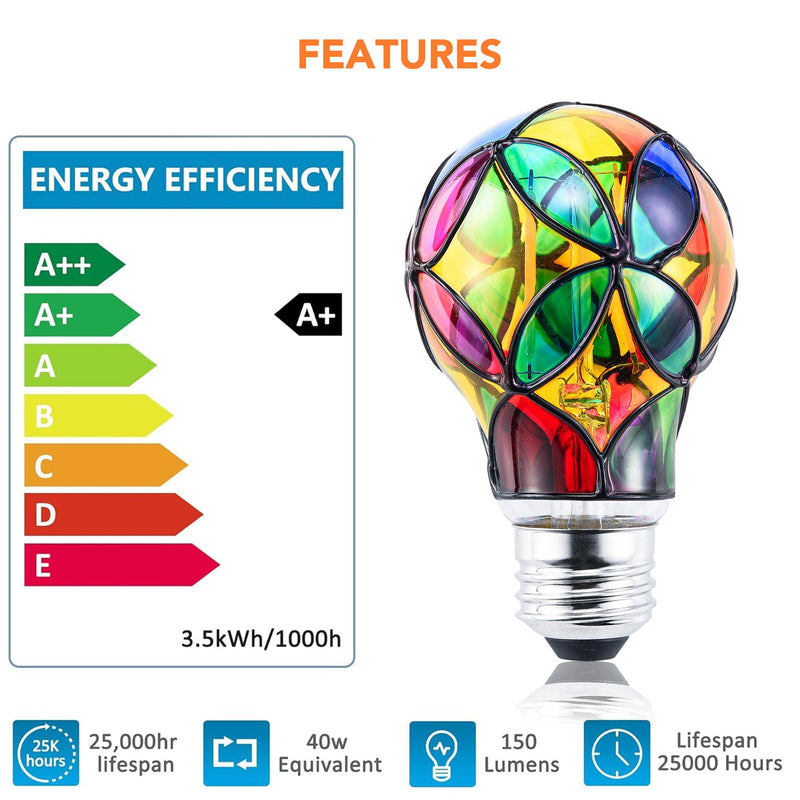 4 Pack Stained Glass Light Bulbs, LED Edison Light Bulb E26 3.5W Replacement Light Bulbs Tiffany Style for Bedroom Living Room Home Christmas Decoration A60-(E26)