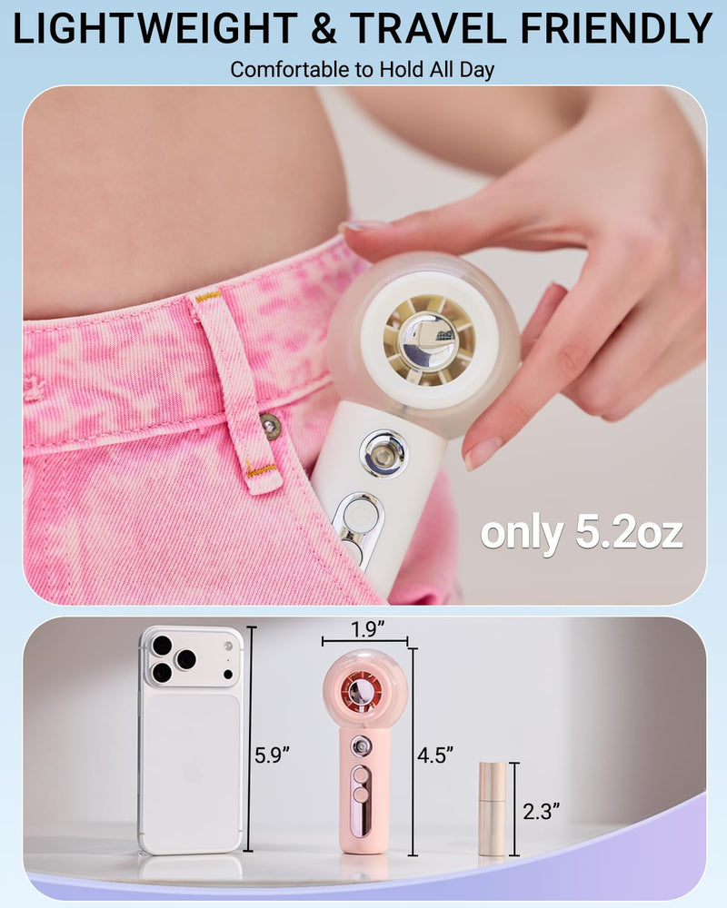 Tendiren Portable Handheld Misting Fan, Rechargeable Personal Mini Fan with Mist, 4 Speed Turbo Powerful Cooling Fans with Water Spray Tank for Travel, Home, Office, Outdoor, Camping, Beach (Pink) Pink