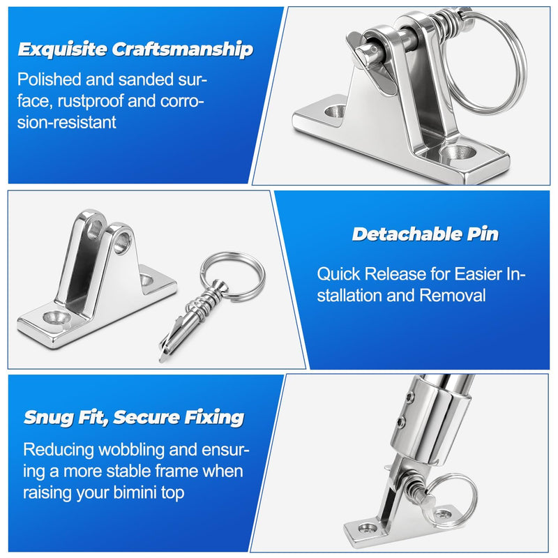 4 Pcs Bimini Top Deck Hinge, 304 Stainless Steel Marine Hardware with Pin, Ring and Screws, Boat Bimini Top Parts for Pontoon, Fishing & Ski Boats 4 Pieces