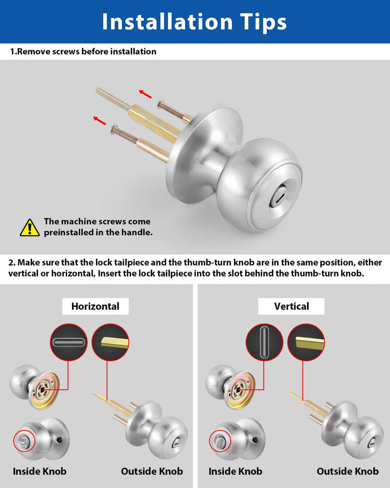 Lanwandeng 5 Pack Interior Door Knobs for Bedroom or Bathroom Keyless, Brushed Nickel Privacy Door Knob, Round Ball Bath/Bed Door Locks Satin Nickel