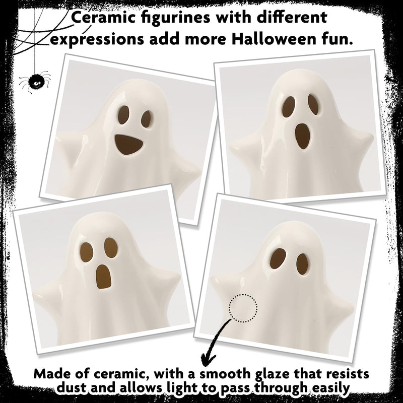 KORMMCO 4PCS Ceramic Ghost Light Up Decor, Cute Ghost Halloween Decor, Small White Ghost Figurine Led Ghost Figurines for Desk Tabletop Centerpieces，Halloween Decoration Indoor