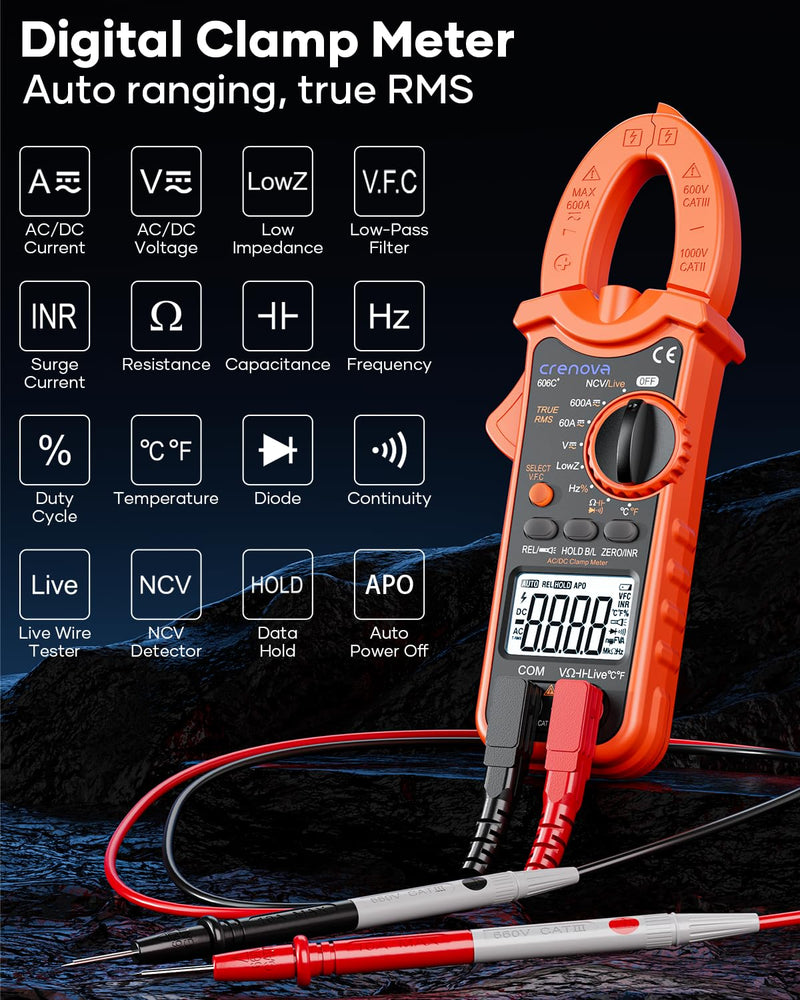 Crenova Digital Clamp Meter, TRMS Clamp Multimeter, 6000 Counts Amp Tester for AC/DC Current/Voltage, Resistance, Capacitance, Frequency, Duty Cycle, Temperature Continuity, Diode, NCV, Live Wire Test